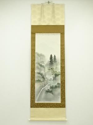 秀水筆　彩色春景図　肉筆絹本掛軸（共箱）